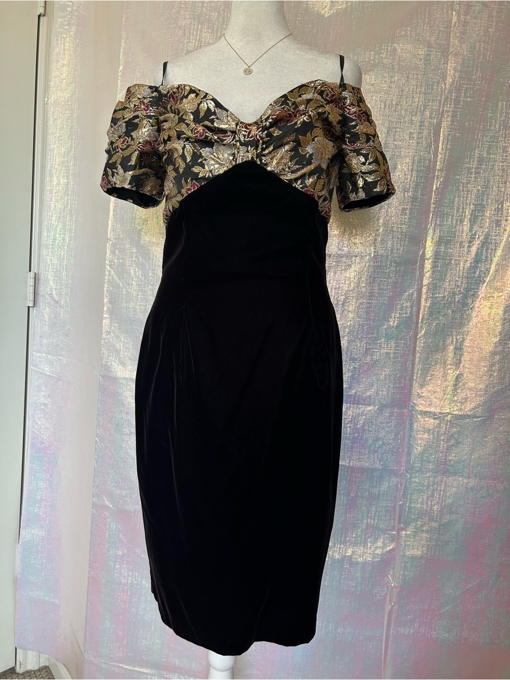 Vintage Black Velvet Off-Shoulder Cocktail Dress with Floral Bodice. Size 10.